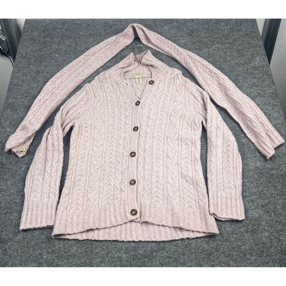 LL Bean Womens Large Pink Cable Knit Hooded Button Front Cardigan Wool Blend